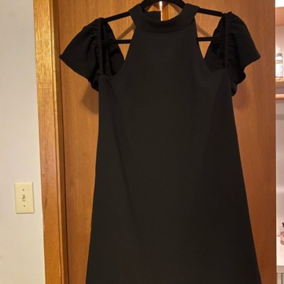 High Neck Black Dress with Off the Shoulder Sleeve S/M - Picture 7 of 8